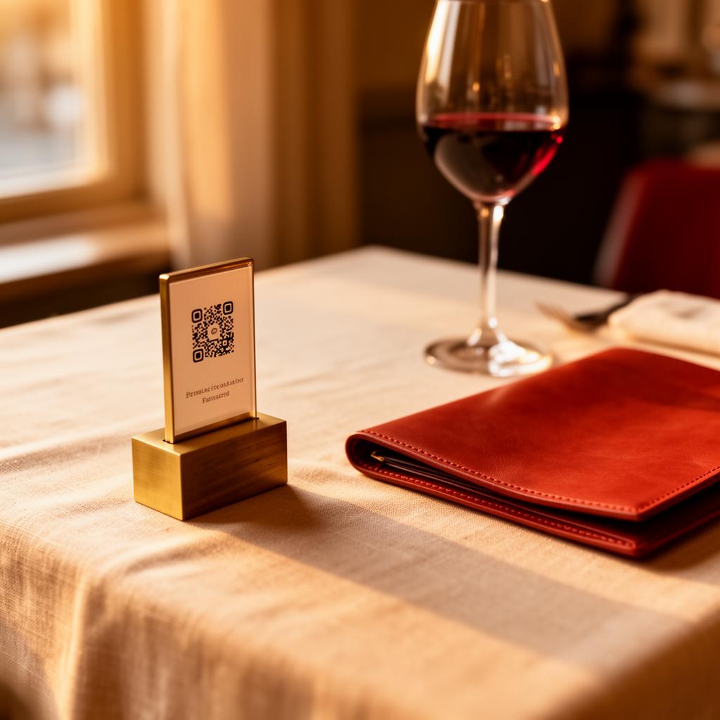 Restaurant table with a small QR code stand and warm evening light